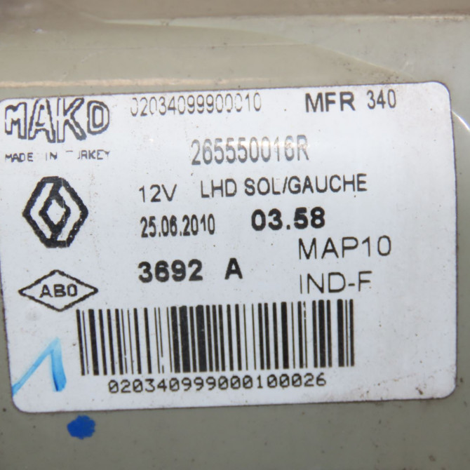 Feu arrière gauche occasion  Renault FLUENCE (L3_) 1.5 dci (l30b) (2010)   265550016R  2