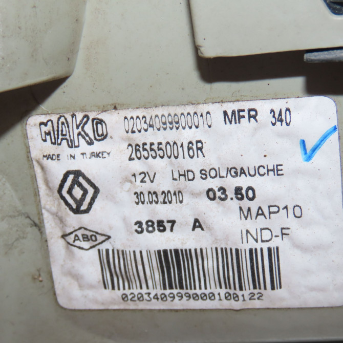 Feu arrière gauche occasion  Renault FLUENCE (L3_) 1.5 dci (l30a) (2010)   265550016R  2