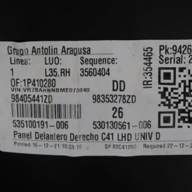 Garniture porte avd occasion  Citroën C4 III (BA_, BB_, BC_) 1.2 puretech 155 (bahnnb, bahnjd) (2021)   98353278ZD  4